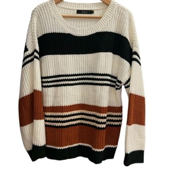 ZESICA Women’s Color Block Striped Knit Sweater Black Brown White Size Large - Picture 1 of 7